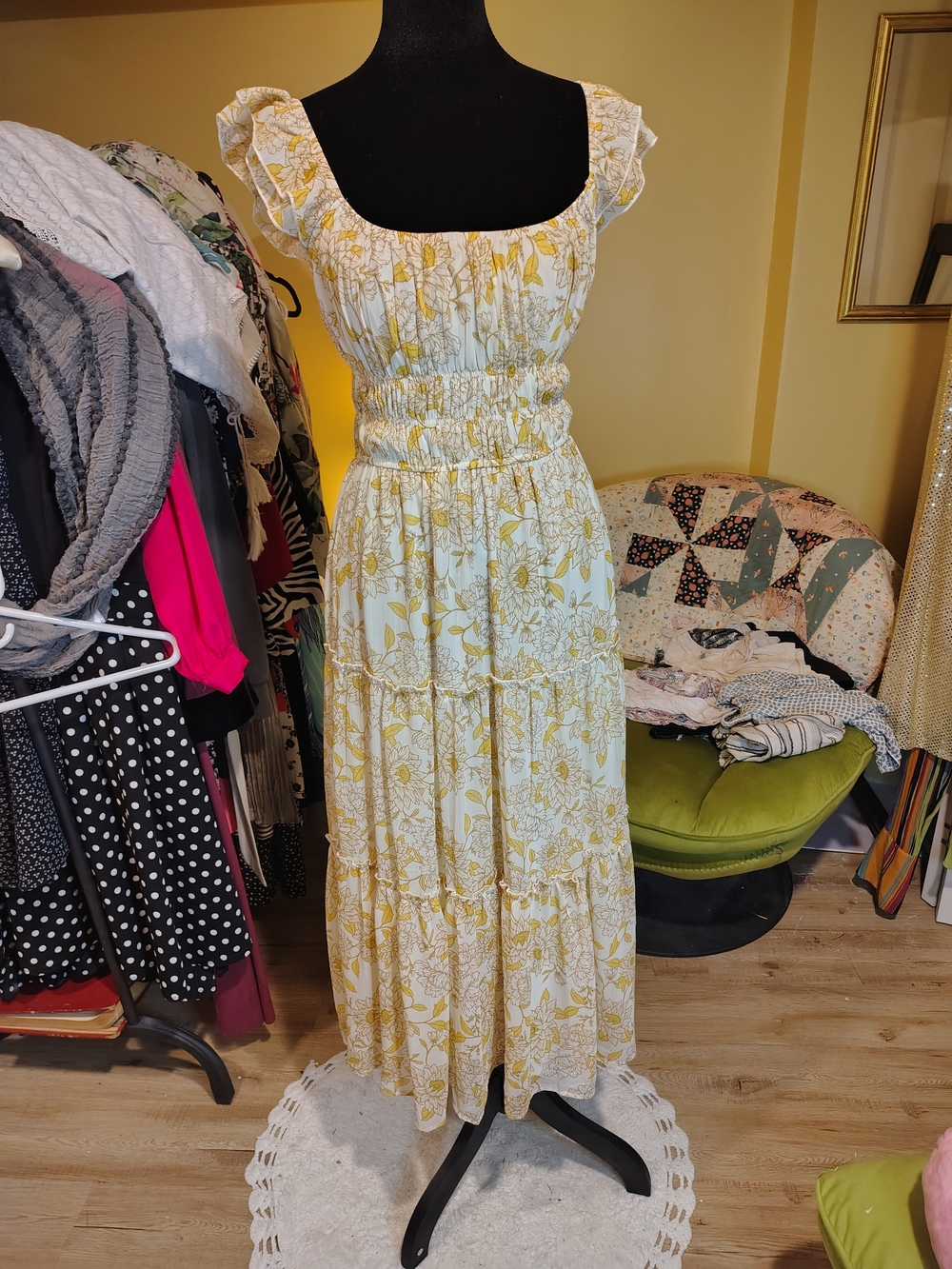 Trixxi White and Yellow Floral Smocked Maxi Dress